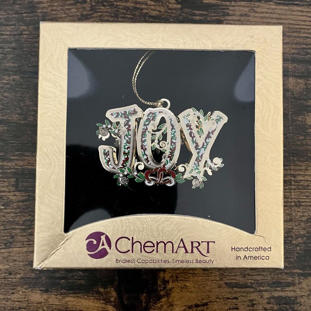Chem Art JOY Christmas Tree Ornament Gold Tone Boxed Made in USA NWT